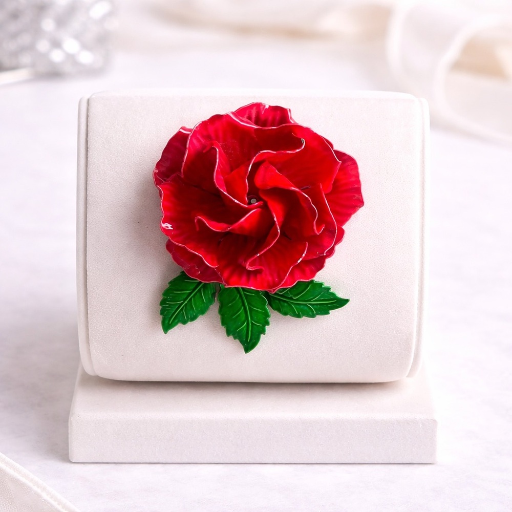 Red Rose Brooch with Green Leaves - Picture 1 of 9